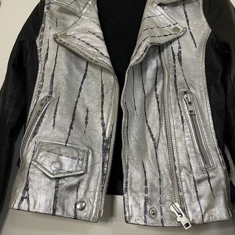 OAK Genuine Leather Black and silver metallic motorcycle riding zip up jacket S - Picture 4 of 8